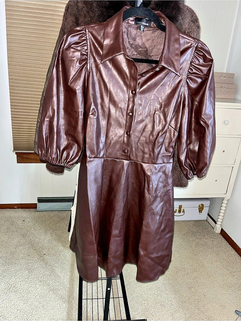 Lucy Paris Puff-Sleeve Faux Leather Dress Brown Dress Size Small